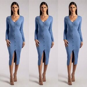 Meshki Brynn Blue Long Sleeve V-Neck Bodycon Dress